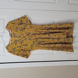Mustard Floral Print Button Detail Tea Dress Size 10 high low hem pink flowers